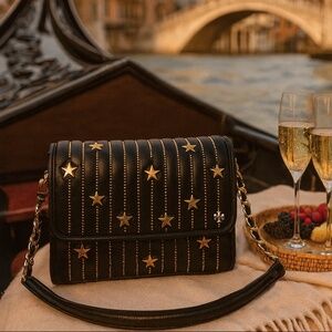 Tory Burch Fleming Black Leather Gold Star Studs Small Convertible Shoulder Bag